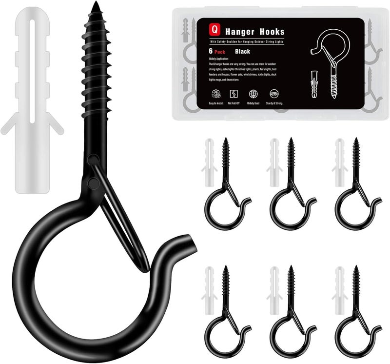 KULOLO 6 Pack Black Screw Hooks with Safety Buckle - 2.3 Inch Rustproof Eye Ceiling Hooks for Hanging Plants,Outdoor String Lights,Baskets,Christmas Lights & Decor,40lb Capacity (6, Black) - Image 1